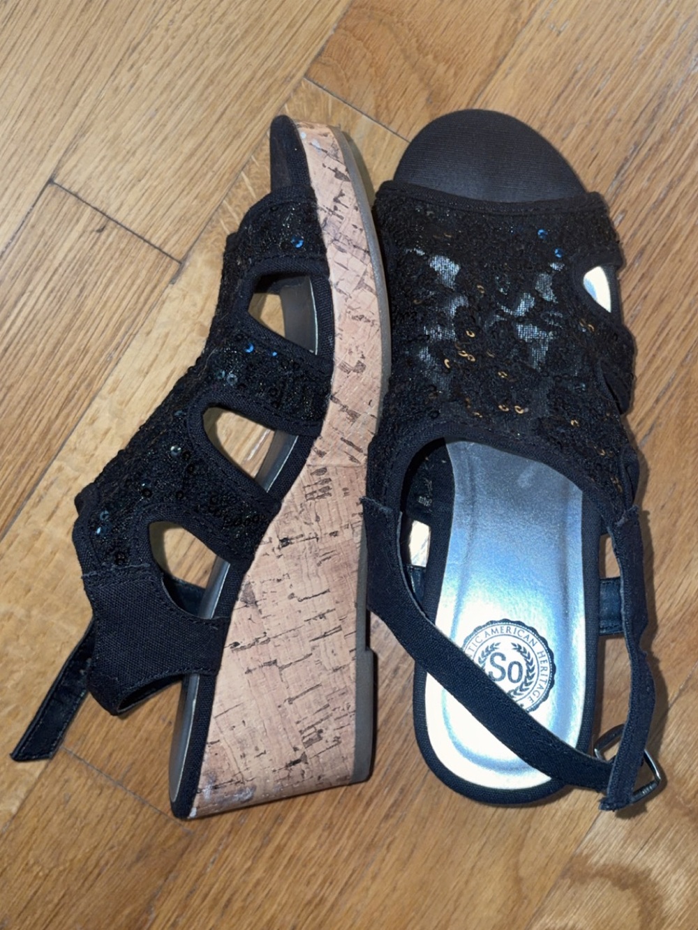SO Black Wedge Sandals with Cork Platform and Sequin Cutouts